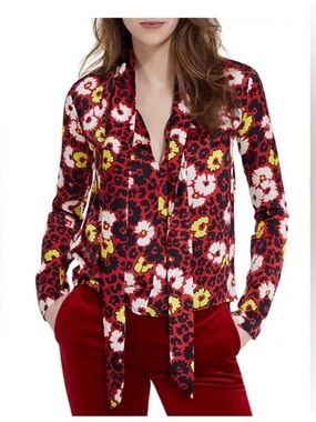 The Kooples Red Floral Tie-Neck Blouse with Yellow & White Flowers